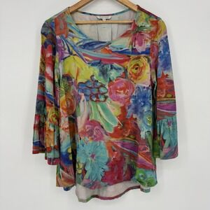 John Mark Multicolor Floral Tunic Top Size M Bell Sleeve Artsy Vibrant Blouse